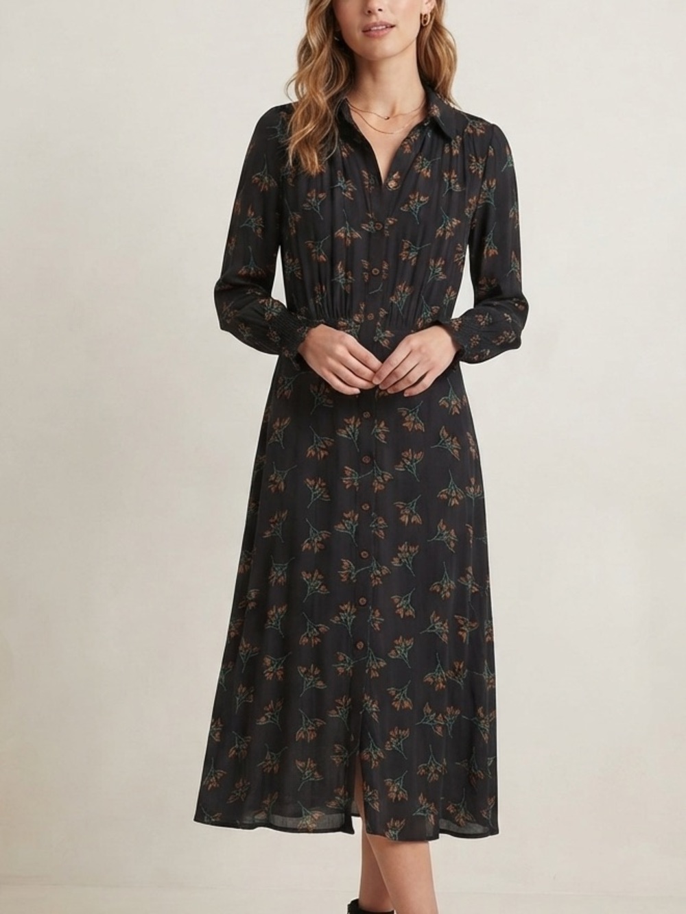 Ba&Sh Sz 4 Flore Black Floral Cottagecore Button Front Long Sleeves Midi Dress
